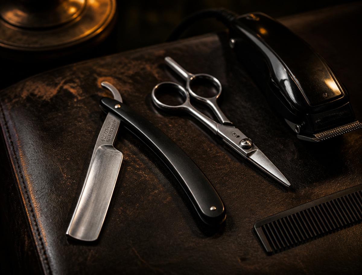 Straight razor, shears and clippers on a dark leather counter